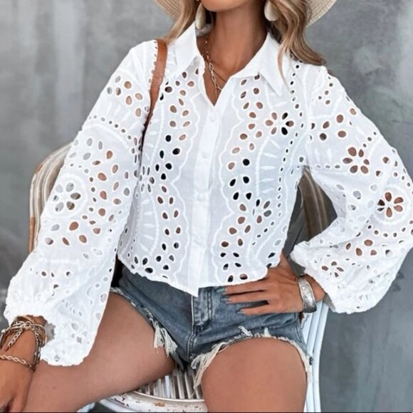 White Eyelet button down crop top - Picture 6 of 7